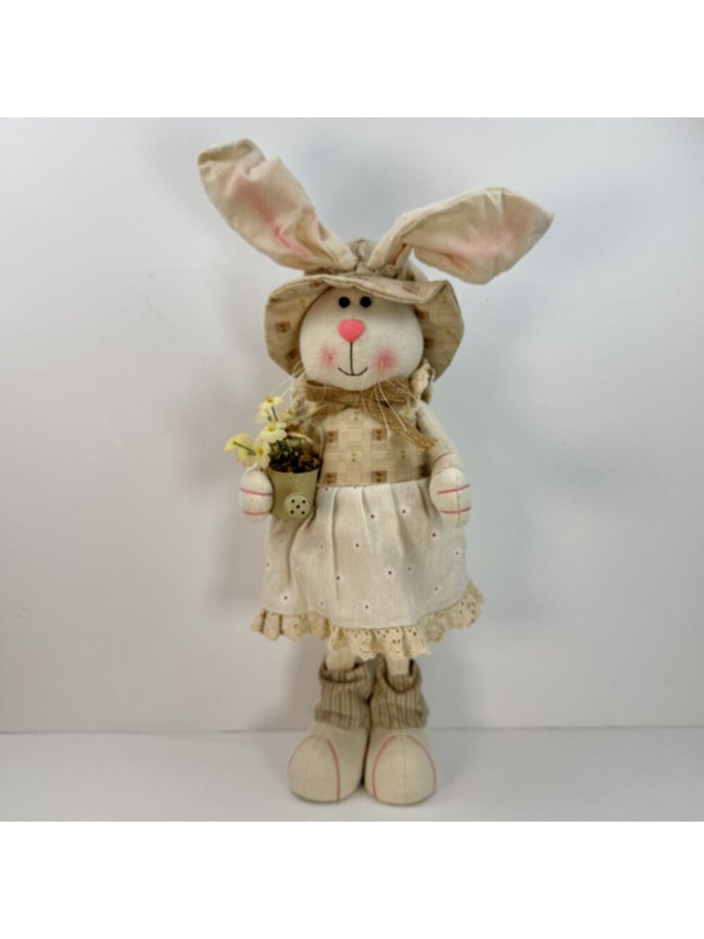 Handcrafted Fabric Bunny Doll Floral Dress Hat Standing 20 Inches Spring Rustic